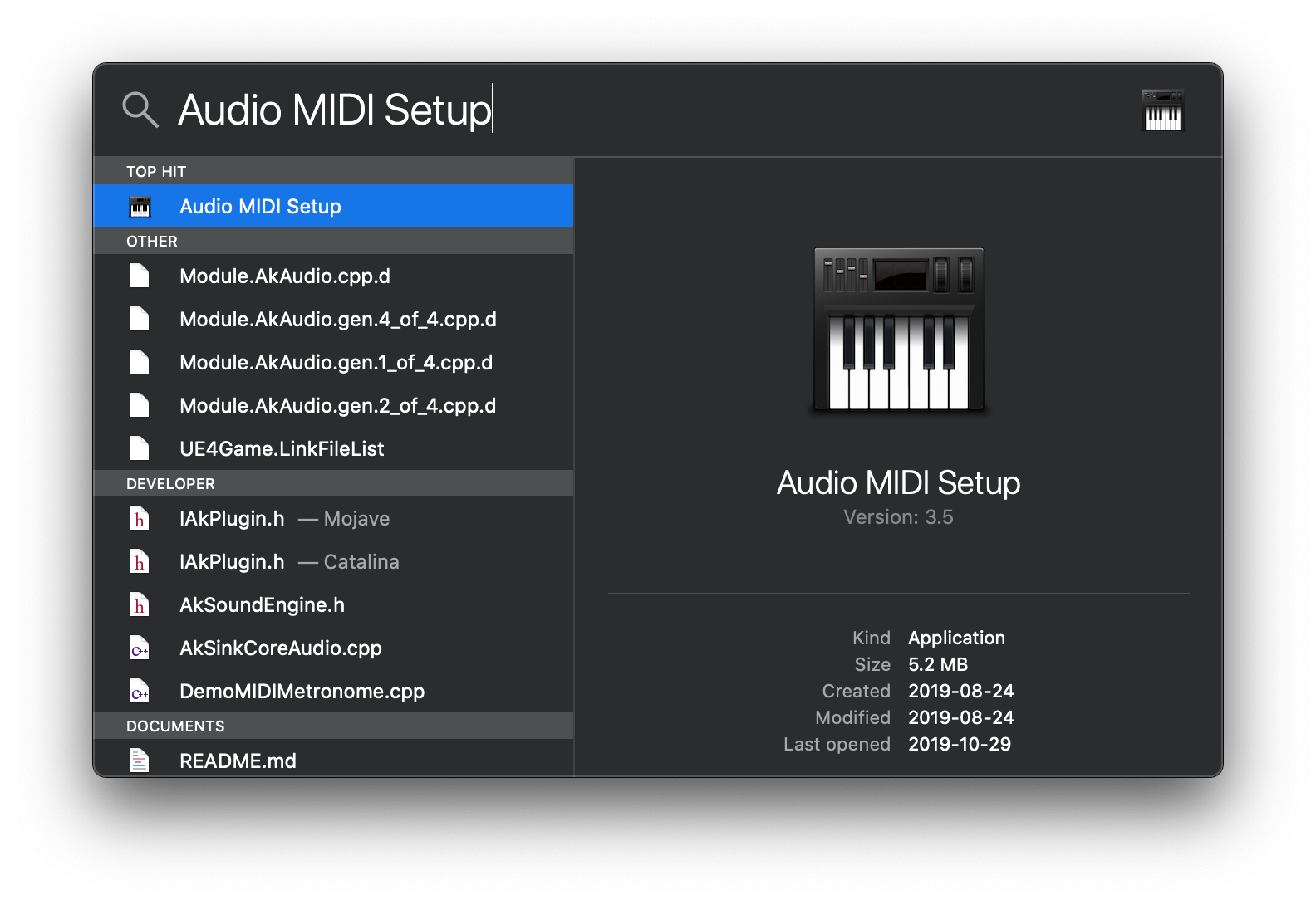 Spotlight Search for Audio Midi Setup